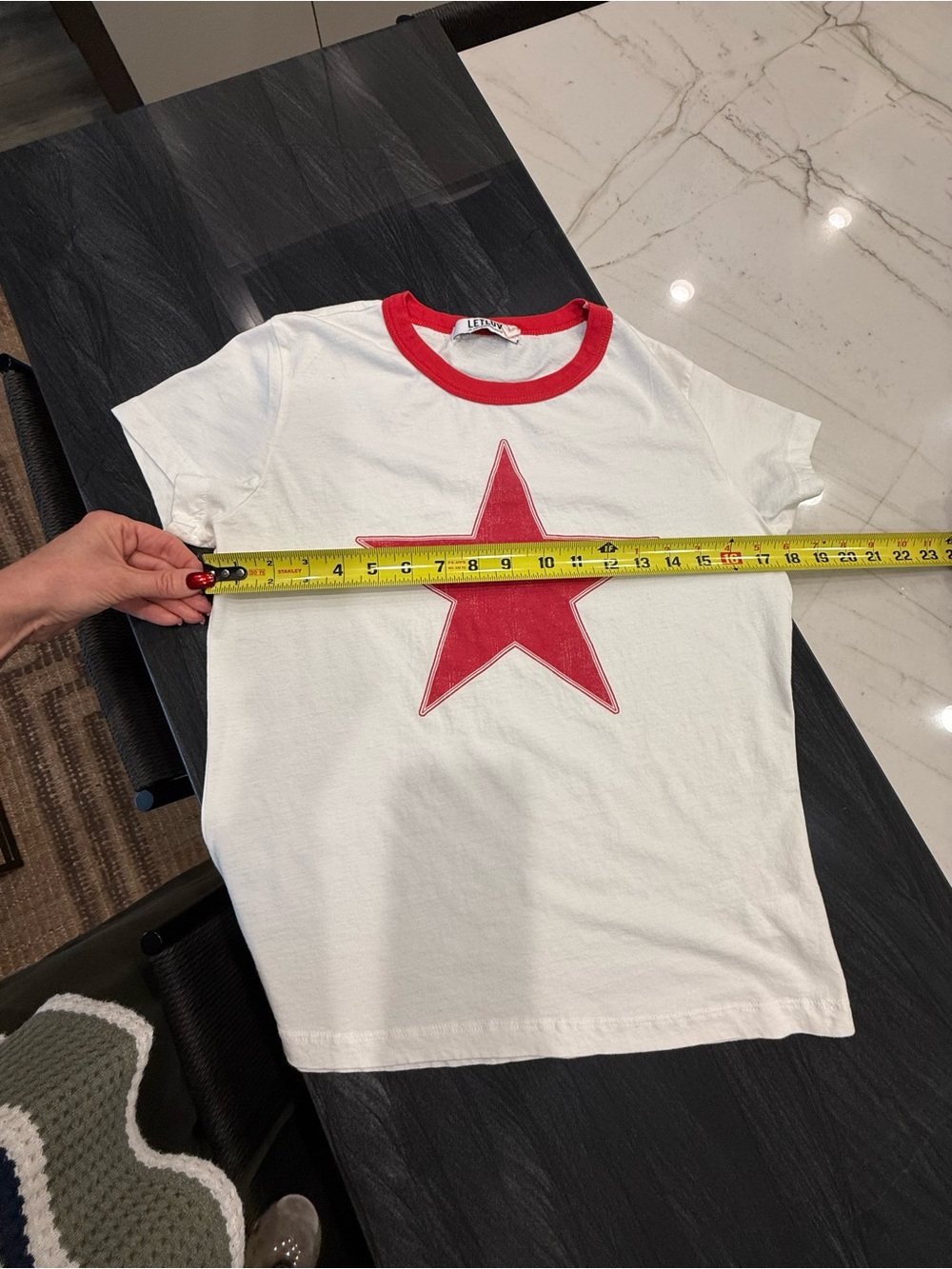 Anthropologie White Tee with Red Star Graphic and Red Ringer Neck - Picture 6 of 7